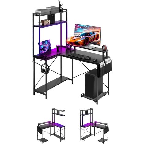 Bureau Gaming Angle Éclairage LED Bureau en L Réversible 1,2 m Table d'Ordinateur pour Télétravail, avec Prises Électriques, Support pour Écran, Support pour Unité Centrale Amovible, Moderne (1/5)