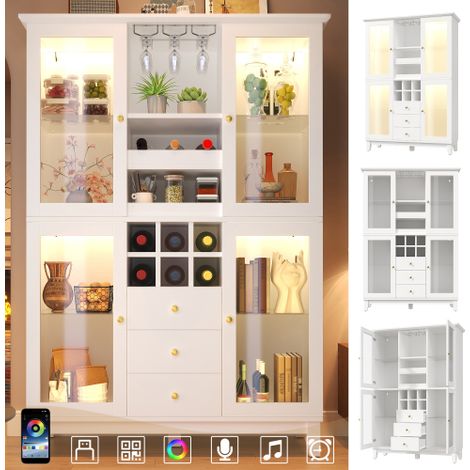 Armoire à vin blanche 120×40×180,5cm MDF 3 tiroirs supports bouteilles verres étagères modulables, éclairage RGB pilotable APP musique minuterie dispositif anti-basculement (1/5)