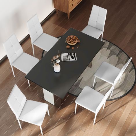 6 Esszimmerstühle, bezogen mit PU-Leder, mit hoher Rückenlehne, Knopfheftung und Stahlbeinen, modernes Design, Weiß