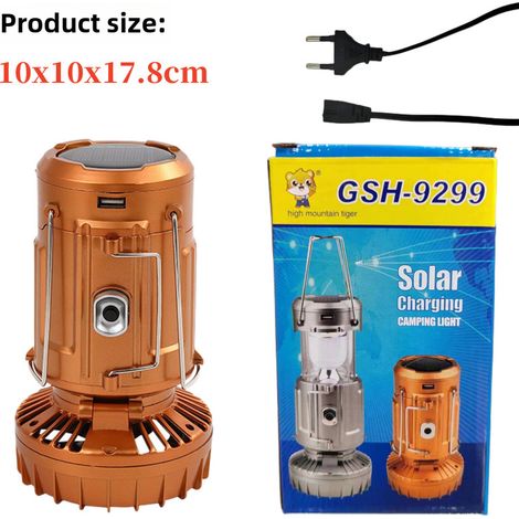 Neue multifunktionale COB-Solar-Campinglampe mit Lüfter, Sonnenaufladung und Notbeleuchtung (kleine Campinglampe, goldfarben, europäischer Standard)