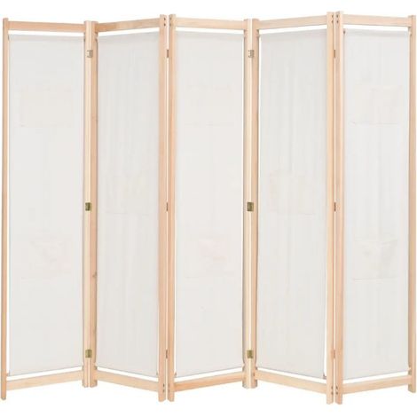 Paravent 5 volets bois et tissu blanc Karen (1/4)