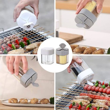 Set de 2 contenants épices 4-fonctions. Design moderne blanc/gris, parfait pour organiser et saupoudrer les condiments. (1/4)