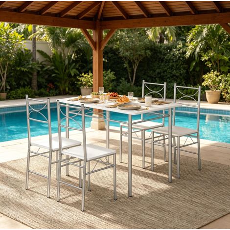 CHICFURN Mesa de comedor con 4 sillas 110 x 70 x 76 cm MDF y hierro blanco/plata (1/5)