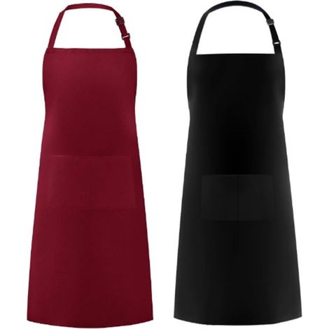 Grembiule da cucina, 2 pezzi, grembiule da cuoco, grembiule da barbecue, grembiule da vasaio, grembiule da pittore, grembiule da falegname, nero e rosso, poliestere, 67 x 84 cm, con 2 tasche (1/5)