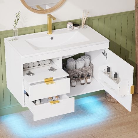 Badezimmerschrank mit Waschbecken 76cm, wandhängender Waschtisch mit LED App-Steuerung, Schubladen und Soft-Close, Weiß Holzoptik (1/5)