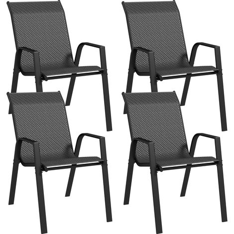 Lot de 4 chaises de jardin empilables grises avec accoudoirs, en rotin PE et acier (1/5)