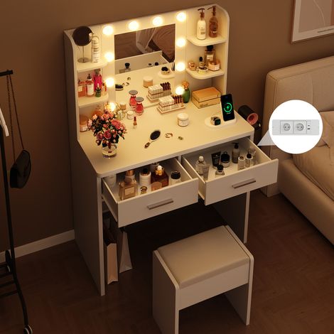Coiffeuse LED avec Miroir et Tabouret, Table de Beauté avec 10 Ampoules LED, 3 Modes d'Éclairage, Prises Intégrées, Ports USB & Type-C, 2 Tiroirs et 4 Compartiments de Rangement, 80L x 40P x 136H cm,