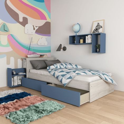 Einzelbett 1660 weiß hellblau mit ausziehbarem Nachttisch
