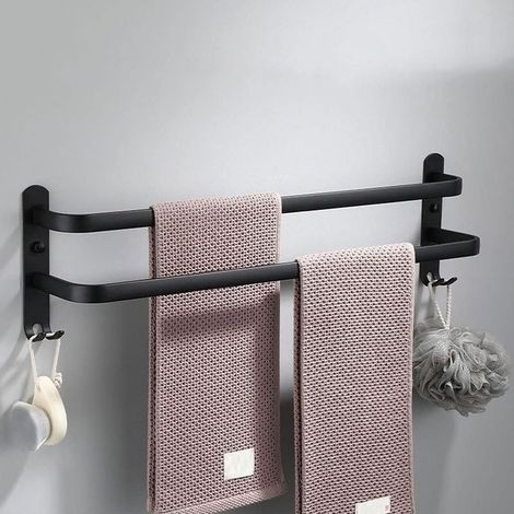Porte-Serviettes Mural Barres Porte-Serviettes Multicouche avec Crochets Espace Aluminium Porte Serviette (30 cm, Noir, 2 Couche) (1/5)