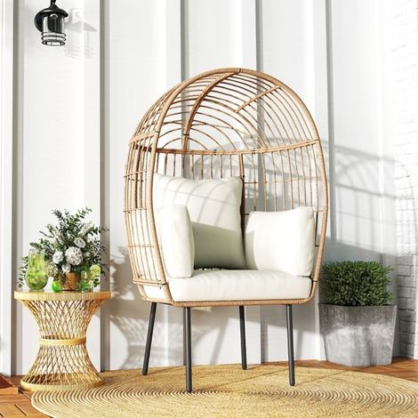 Fauteuil en rotin - Fauteuil en forme d'œuf - Beige - Coussin amovible lavable - Résistant aux intempéries