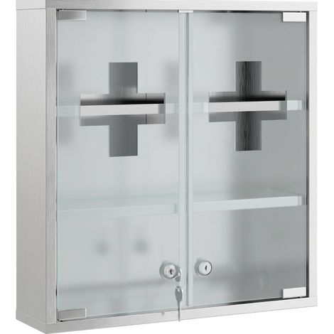 Armario botiquín con cerradura, 2 llaves, puerta de vidrio y 6 estantes, 46 x 12 x 48 cm, plata (1/4)