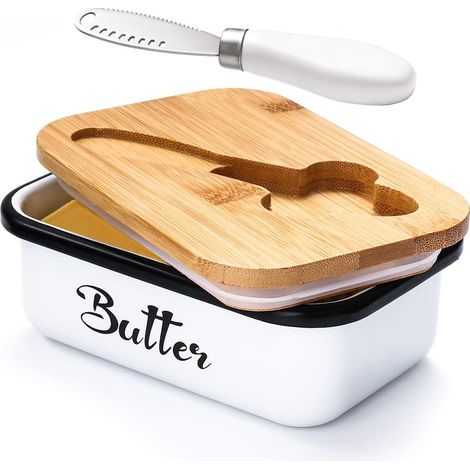 Butterdose mit Deckel, Butterdose für die Arbeitsplatte, Butterdose aus Metall mit multifunktionalem Edelstahl-Buttermesser, große Butterdose mit Silikondeckel, Wohnaccessoire, Küchengeschenk, weiß