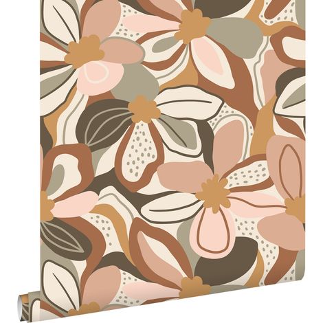 Papier peint à motif fleurs terracotta et rose clair – Dimensions 50 x 900 cm – Raccord droit – Pose facile sans table à tapisser – Estahome
