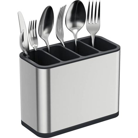 Égouttoir à couverts en acier inoxydable, argenté, rangement de table de cuisine avec 4 compartiments et plateau anti-goutte antidérapant (1/5)
