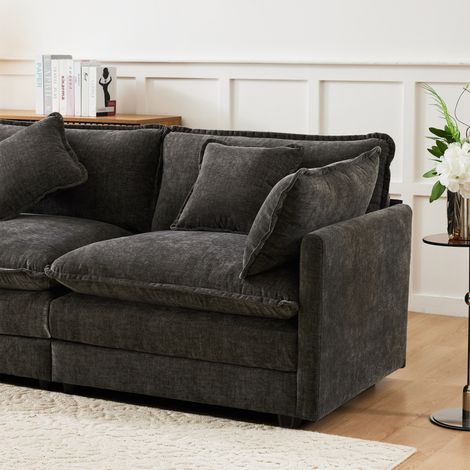 Canapé d'angle moderne en L, tissu chenille doux, 3 places avec repose-pieds, meuble rembourré pour salon ou chambre, gris, vidéo disponible. (1/5)