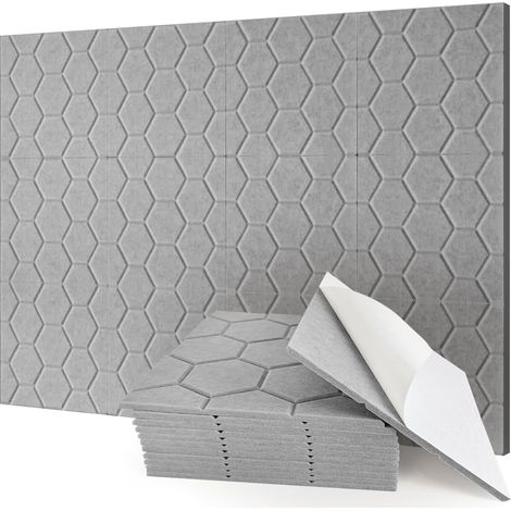 Lot de 12 panneaux acoustiques auto-adhésifs - Absorbeur de bruit - 30 x 30 x 0,9 cm - En feutre - Pour studio d'enregistrement, salon, décoration de jeu, chambre d'enfant, bureau, mur, plafond - Gris (1/5)