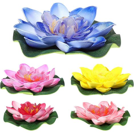 Lot de 5 nénuphars artificiels flottants en EVA, fleurs de lotus, décoration pour bassin, 10 cm (rouge/jaune/bleu/rose/rose clair)-10.00X10.00X3.50CM