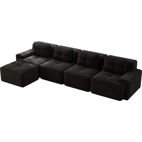 Divano modulare angolare a L con chaise longue, 4 posti, in velluto a coste nero, senza montaggio (1/5)