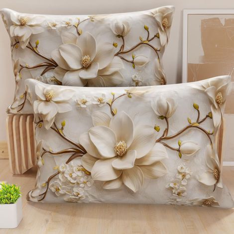 Lot de 2 Taies d'Oreillers 50x70 cm 100% Microfibre Hypoallergénique, Housse Oreiller Rectangulaire Motif Floral Crème Marron, Paquet de 2