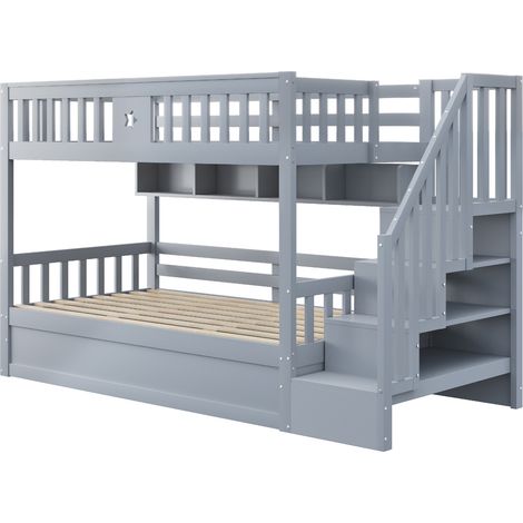 Lit mezzanine 90 x 200 cm avec lit bas hydraulique, escalier de rangement et étagères, gris - HOMVRA (1/5)