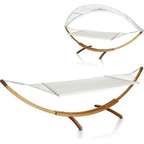 Jiubiaz Amaca da giardino con struttura in legno massiccio – Amaca doppia sospesa con tenda parasole – 415 × 150 × 210 cm – Lettino prendisole fino a 200 kg