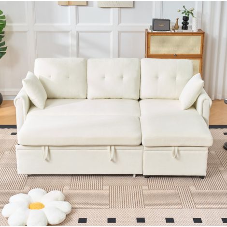 Ausziehbares Ecksofa mit Stauraum, wendbarem Chaiselongue, beiger Chenille-Stoff OKMYHOME (1/5)