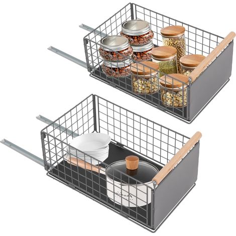 Lot de 2 tiroirs télescopiques réglables - Largeur : 39,5 à 56,5 cm Extensible Sans perçage Organiseur polyvalent pour cuisine, salon (1/5)