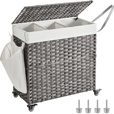 Songmics – Panier à linge tissé à la main 140L – 3 compartiments – Sac amovible – Couvercle anti-odeur – 66 x 33 x 60 cm – Gris LCB363G01