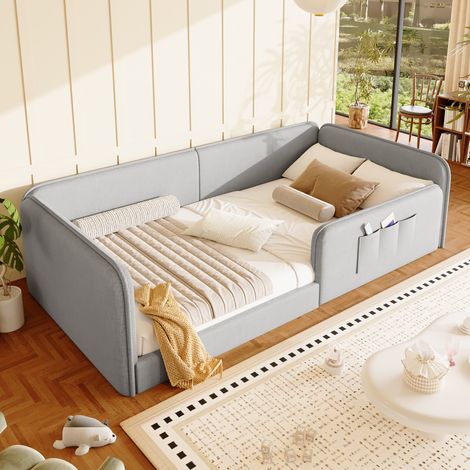 Lit banquette rembourré pour enfants 90x200 cm, cadre de sécurité enveloppant, poches latérales, charge 150 kg, MDF et revêtement en lin, gris (1/5)