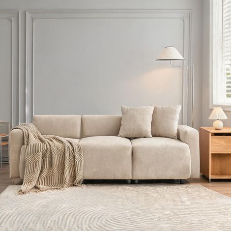 Canapé fixe en tissu chenille beige 3-4 places avec coussins (1/5)