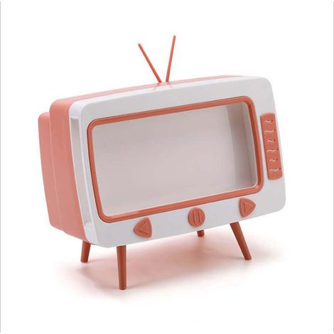 Caja de pañuelos con forma de televisor retro con soporte para teléfono incorporado, color rosa.