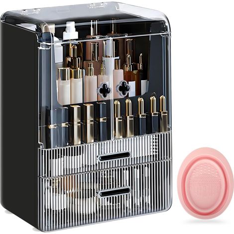 Caja negra transparente con cajón y tapa, de gran capacidad, a prueba de polvo para guardar maquillaje y productos para el cuidado de la piel.