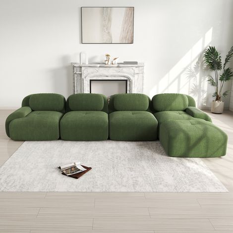 Sofá esquinero modular 4 plazas con chaise longue, terciopelo acanalado verde, 388x178x70 cm OKWISH (1/5)