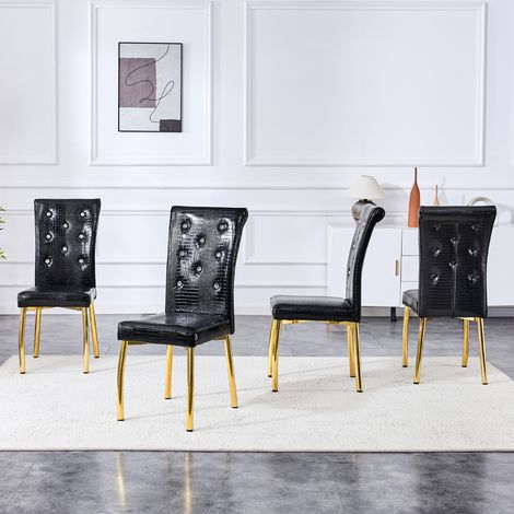 Lot de 4 chaises de salle à manger rétro rembourrées façon peau d'alligator, avec design à boucle en cristal et similicuir, pour une touche d'élégance et de mystère dans l'espace repas. Pieds en métal (1/5)