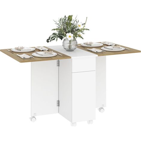 Table Ă manger pliable pour 6 personnes, table de cuisine sur roulettes avec 2 tiroirs 2 placards, 140x76x74cm, blanc (1/4)