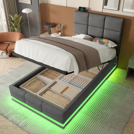 Lit coffre 90x200 cm velours beige, tête de lit réglable, ports USB/Type-C, LED, vérin hydraulique - sans matelas- Gris