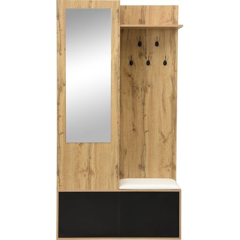 Mueble de entrada con espejo, zapatero, 5 ganchos y banco, MDF negro y natural MODENUIT (1/5)
