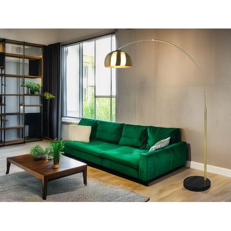 Bogenlampe Schirm Metall Messing Gold mit E27 LED, große Ausladung, Höhe 200cm (1/5)
