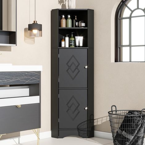Meuble d'angle salle de bains, 2 rangements, niche ouverte avec tablette ajustable, dimensions 36,5x36,5x155 cm, finition noire (1/5)