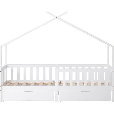 Cama casita infantil 90x200 cm blanca con 2 cajones, barreras y somier de láminas (1/5)