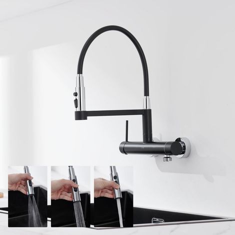 Küchenarmatur Wandmontage mit 3/4 Zoll Anschluss, 3 Strahlarten, ausziehbar, Mattschwarz (1/5)