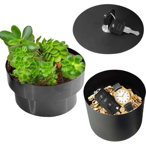 Coffre-fort en forme de pot de fleurs, pot de fleurs avec compartiment secret et serrure à clé, coffre-métal, cachette secrète pour clés, argent liquide, montre (1/5)