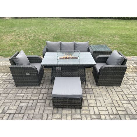 Fimous Patio Polyrattan Gartenmöbelset Gasfeuerstelle Esstischmit Sofa Beistelltisch Fußhocker (1/5)