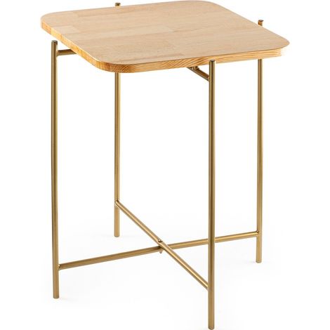 Table basse carrée style industriel Antula 46x46cm Bois massif clair et Métal Or (1/5)