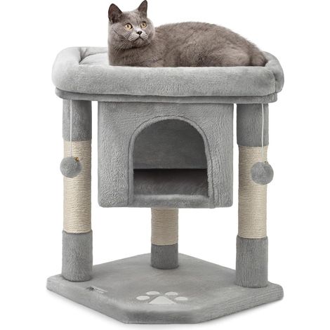 Arbre à Chat avec Niche et 2 balles en Peluche avec grelot, Hauteur 60 cm, avec Corde en sisal Robuste et Peluche Douce, Surface de Repos Confortable, pour Petits et Grands Chats, Gris Clair (1/5)