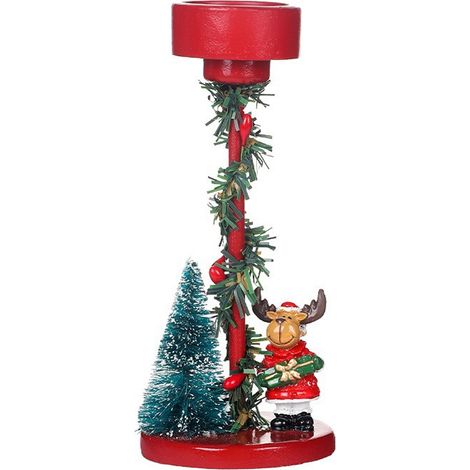 Portavelas navideño de resina para velas cónicas. Decoración: reno con regalo y mini árbol de Navidad (velas no incluidas). (1/4)
