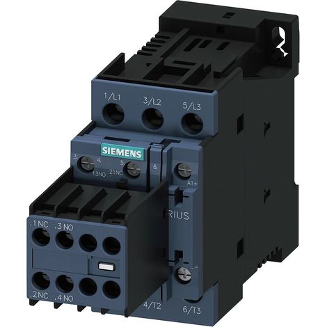Siemens Contactor, AC-3e, 17 A/7,5 kW/400V, 3 polos, DC 24V, 2S+2Ö, Conexión por tornillo, 3RT20251BB44