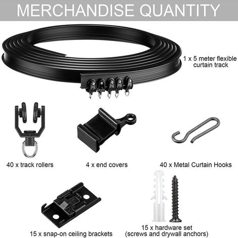 5-meter black curved track and hook set for curtains, including accessories, U-shaped and L-shaped flexible tracks. (1/5)