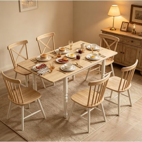 Mesa de comedor extensible 134x80x75 cm en MDF blanco y madera natural, ahorra espacio (1/5)