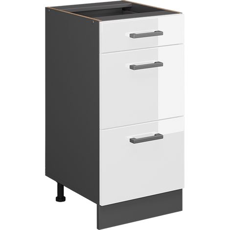 Mobiletto base per cucina R-Line, Bianco lucido, 40 cm con cassetti, senza piano di lavoro, Vicco